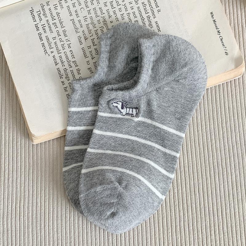 

Женские летние тонкие полосатые милые мультяшные носки-лодочки с вышивкой щенка, невидимым бесшовным каблуком и мелким вырезом 1 pair светло-серый