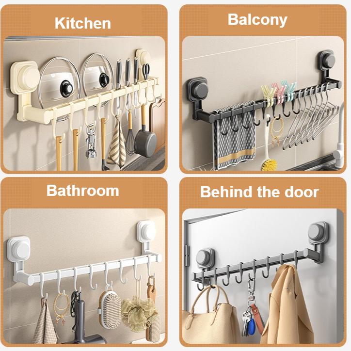 Suction Cup Kitchen Hook Rack No Drilling Storage Rack with Hooks for Pots, Pans, Spoons, Knives Wall-mounted Storage for Items