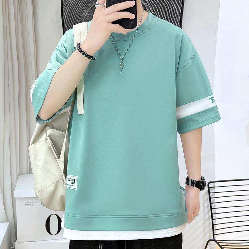 Hübsche Kurzarm Lose Gerade T Shirts Pullover Herrenbekleidung Koreanische Frühling Sommer Dünne Mode Lässig Patchwork Mann