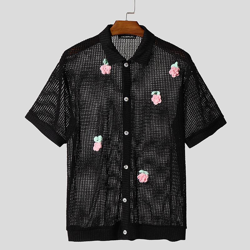 

INCERUN Men s Summer Short Sleeve Buttons 3D Flowers Hollow Out Male Shirts XL чёрный