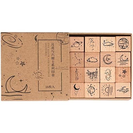 

Alideco Moon and Sixpence Wooden Rubber Stamp 16 Stamps for and Notebooks Set, Crafts, Cards, Scrapbooking, (Yueliangyuliubianshi)