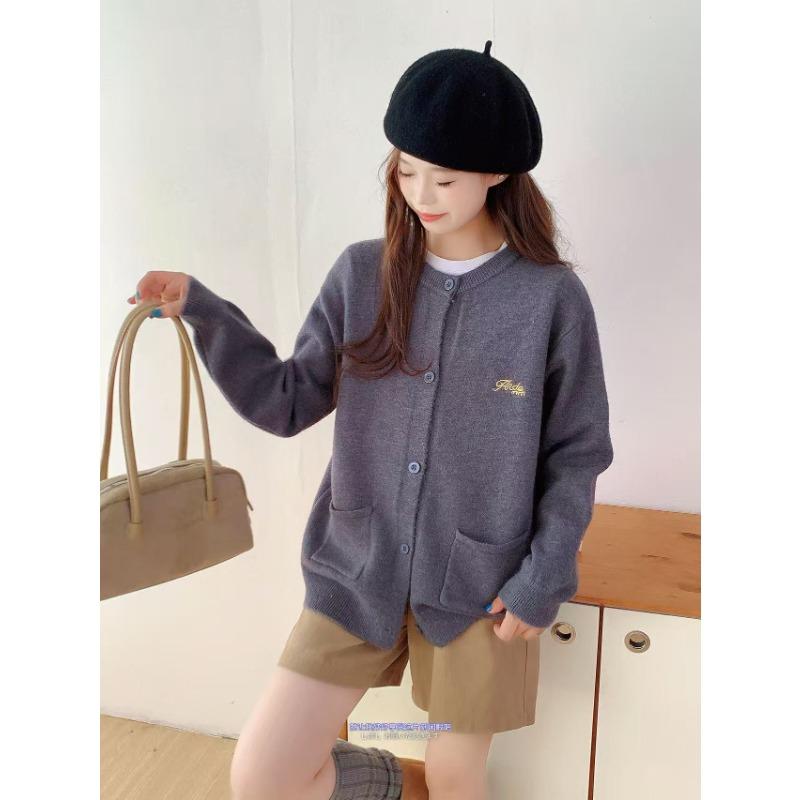 

Autumn and winter new casual loose embroidered crew neck cardigan versatile soft waxy single-breasted sweater women s coat