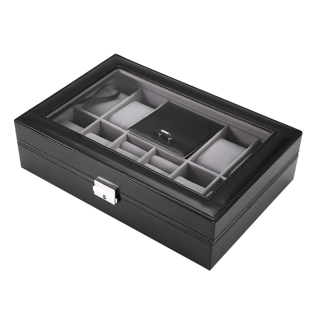 Multi Functional 8 Slots 2 Grids Watch Display Case Ring Jewelry Storage Box Organizer