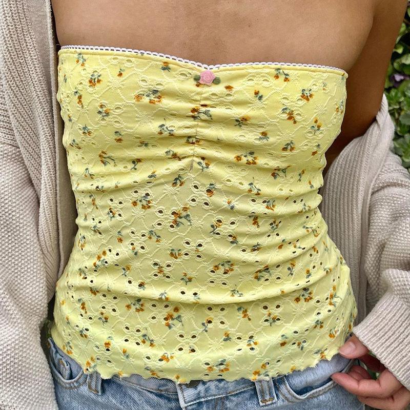

Floral Lace Splicing Pleated Slim Tube Top Girl Thin Inner Top XS