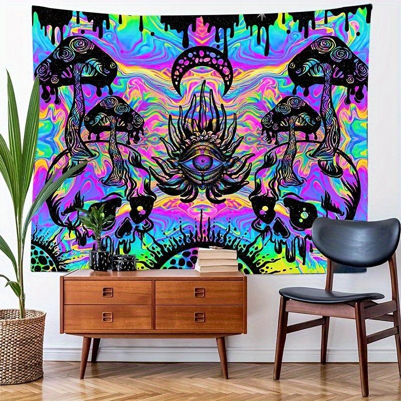 Psychedelic Mushroom Skull Wall Hanging Trippy Rainbow Swirl Third Eye Tapestry Hippie Dorm Bedroom Decor Cloth