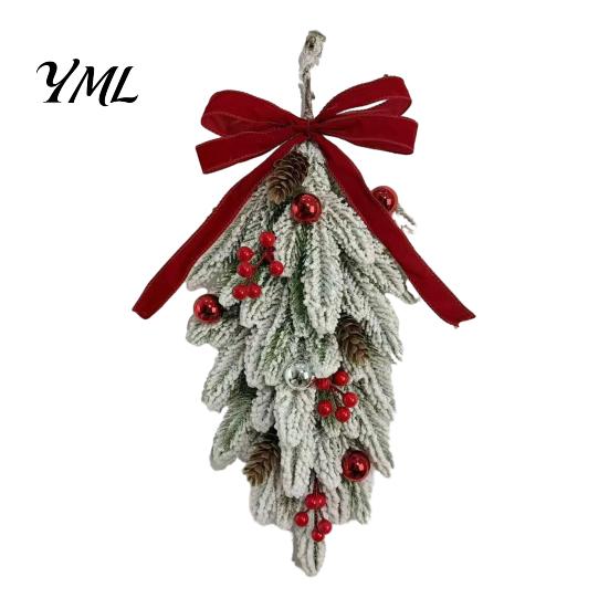 Christmas Decorations for Shop Flocked Teardrop Swag Front Door, Artificial Pine with Red Decorative Hanging Wreath Wall Berries Velvet Bow,