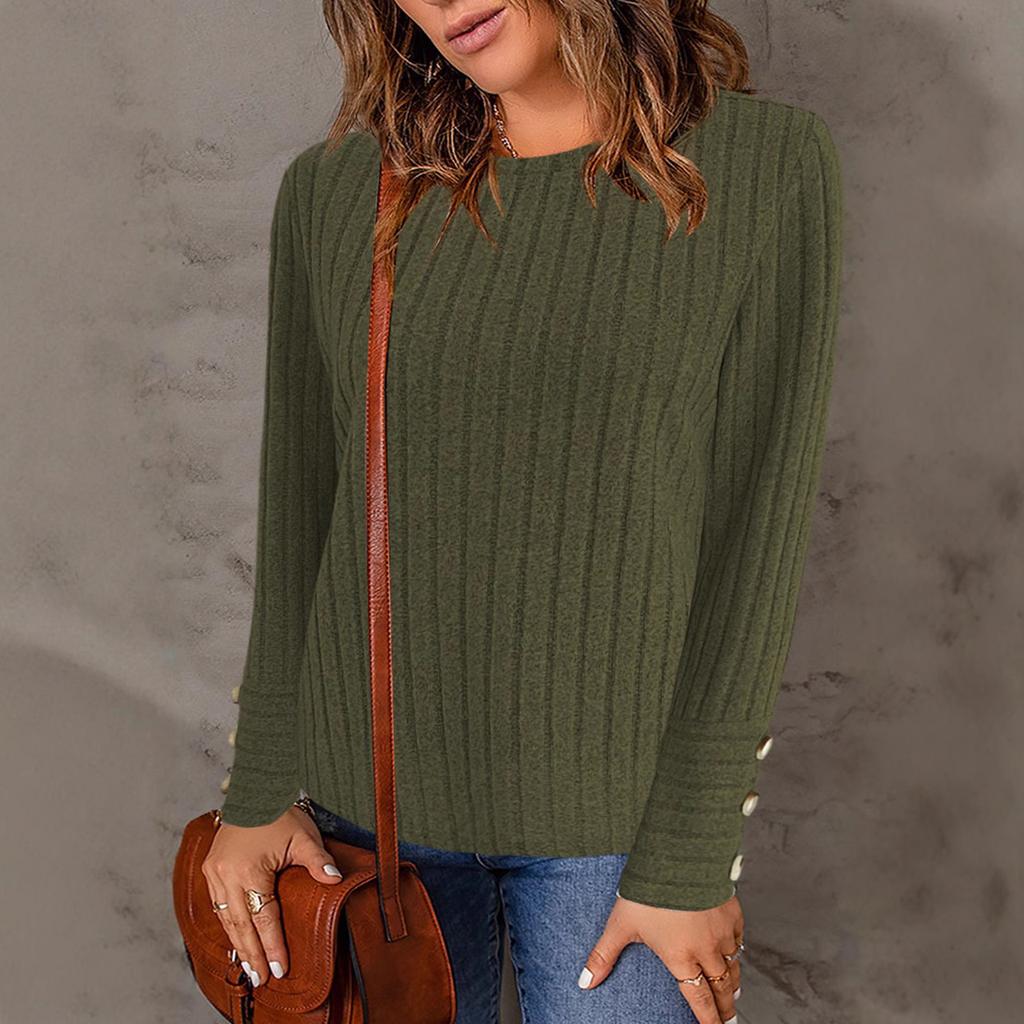 Women's Round Neck Plus Size Solid Color Casual Fashion Long Sleeve Button Top