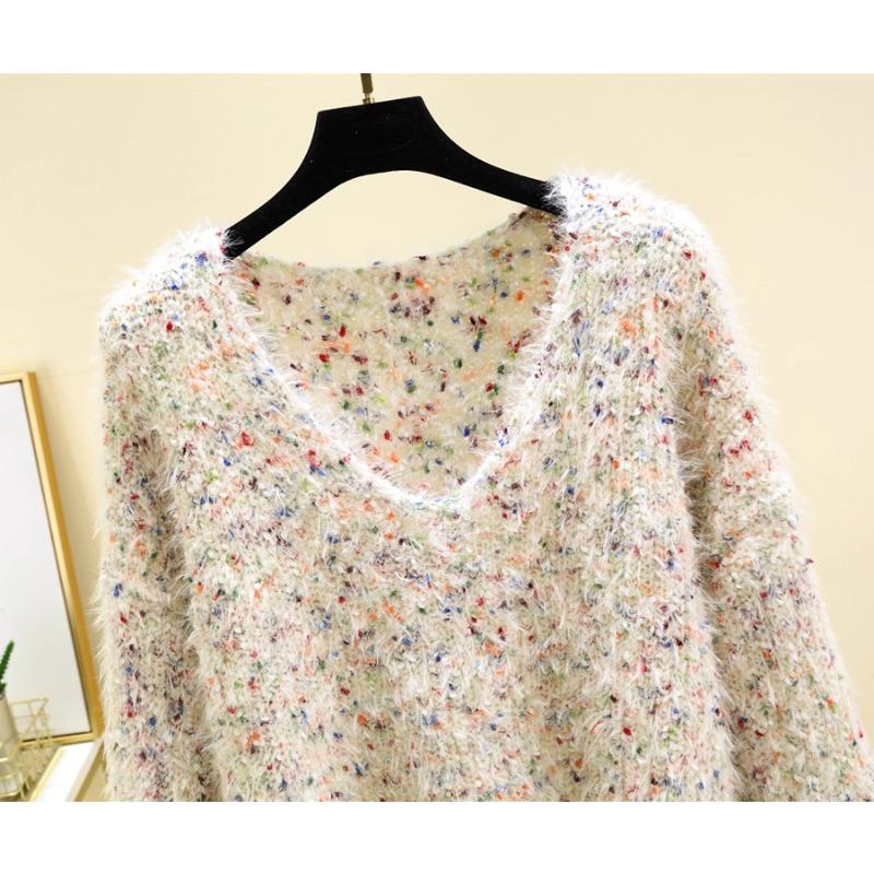 Autumn Winter Women Sweet V-neck Soft Furry Mohair Knitted Sweater Christmas Pullover Tops