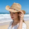 Europejski Amerykański Wiosna Lato Kapelusz Słoneczny z Trawy Raffia Moda Jazz Łańcuszek z Koralików Chili Styl Jeansowy Ochrona Słoneczna Plaża Kapelusz Słomkowy
