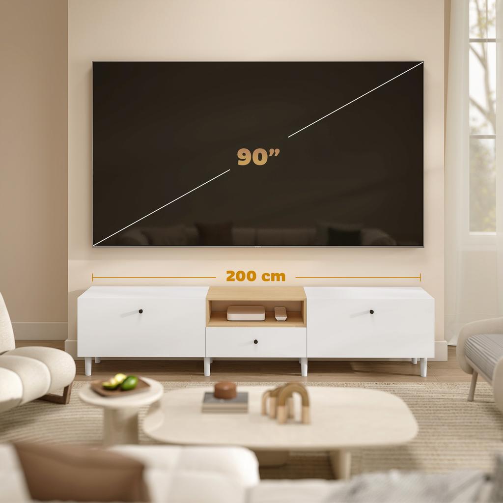 200 Cm TV Cabinet for TVs Up To 90 Inches, 2 Cabinet Compartments, Open Shelf, Drawer, 8 Legs, Chipboard, White