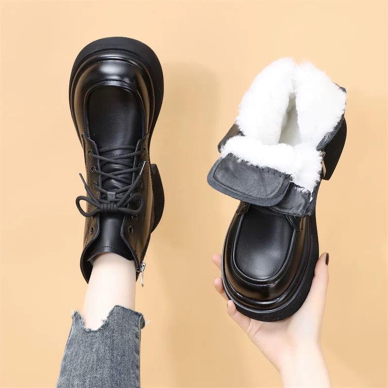 Women's Autumn/Winter Soft Leather Martin Boots, British Style, Mid Heel, Plus Cotton, Thick Sole, Versatile Ankle Boots