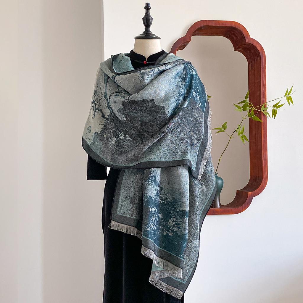 Chinese Style Landscape Painting Women Scarf Soft Warm Pashmina Shawl Winter Outdoor Coldproof Windproof Blanket Wrap Scarf