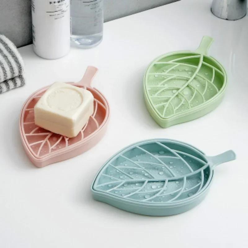 1PCS Concise Design Green Leaf Shape Soap Dish Tray Creative Plant Plastic Soap Saver Holder Household Bathroom Washing Supplies
