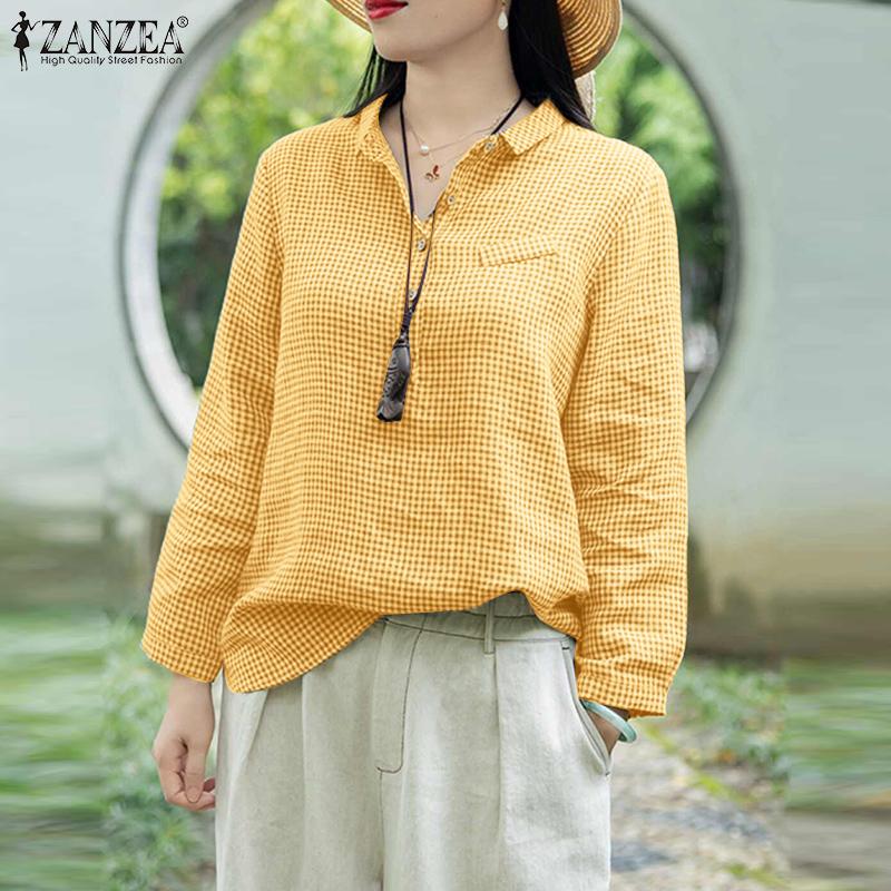 ZANZEA Damska klasyczna bluzka z luźnym krojem, długim rękawem i nadrukiem w kratę