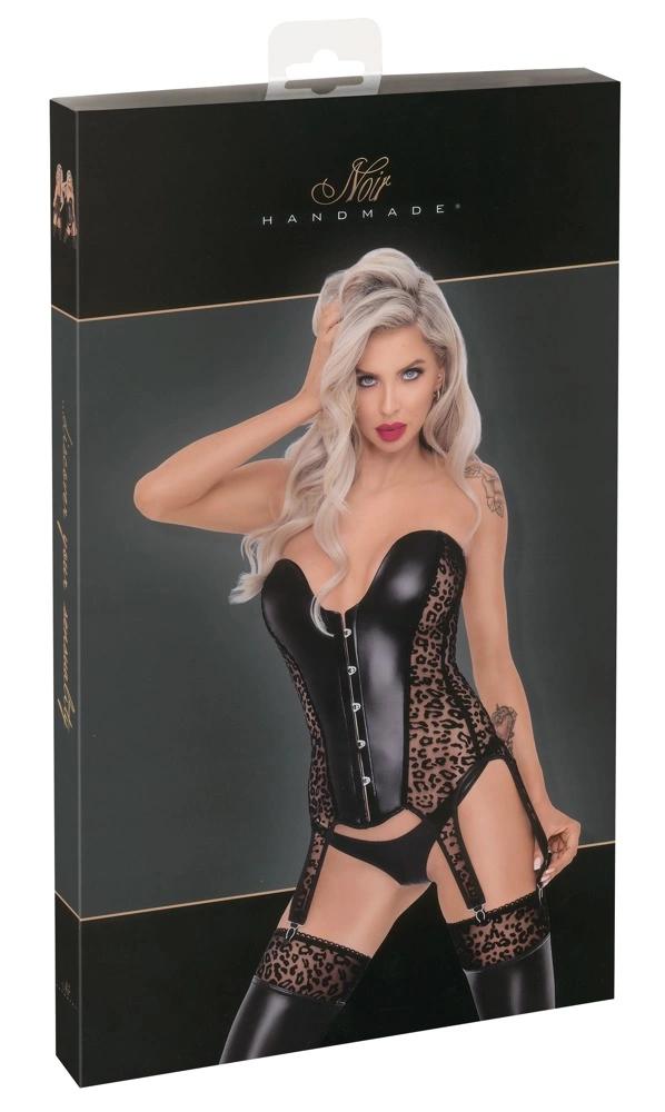 Noir - Sexy Leopard Print Corset with 6 Suspenders Black S