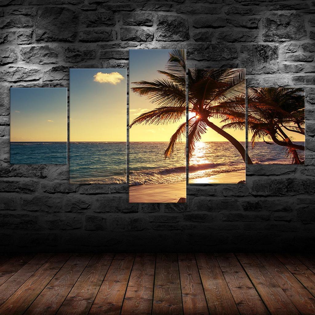 Sunset Beach Coconut Tree Canvas 5 Piece Five Panel Print Modern Wall Art Poster Picture Home Decor Gift For Him For Her