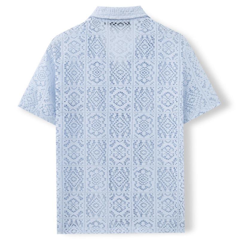 Men Hollow Out Floral Textured Cuban Collar Short Sleeve Casual Button Up Shirt