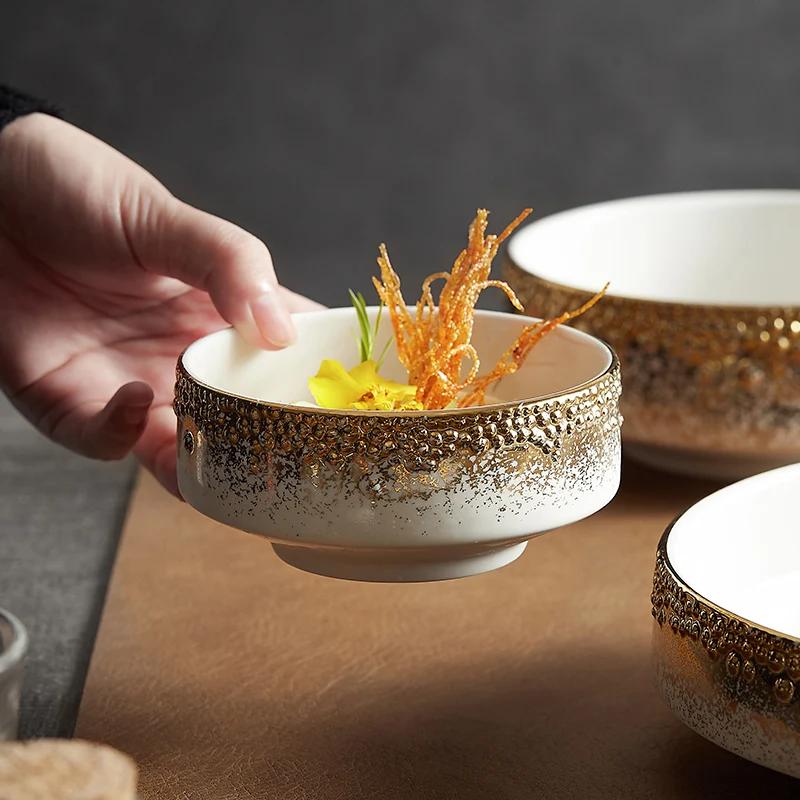 Ceramic Round Tableware Household High-foot Bowl High-end Restaurant Salad Fruit Bowl Artistic Conception Dish Fusion Dish