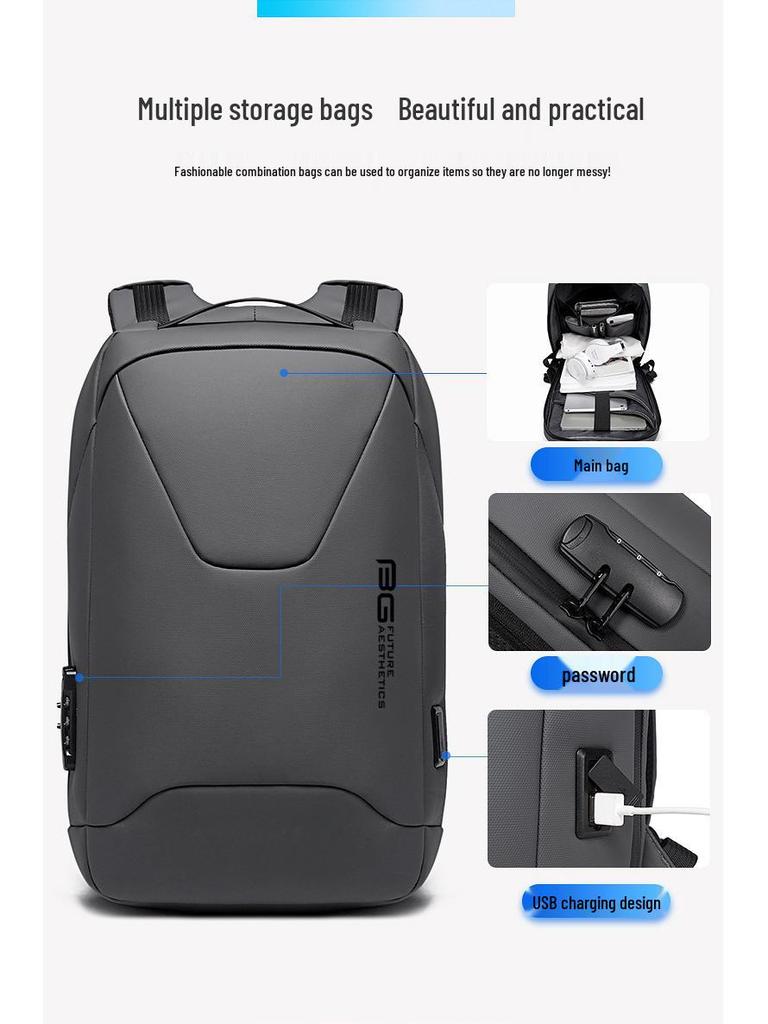 BANGE Waterproof Men's Business Sports Backpack with USB Laptop Compartment