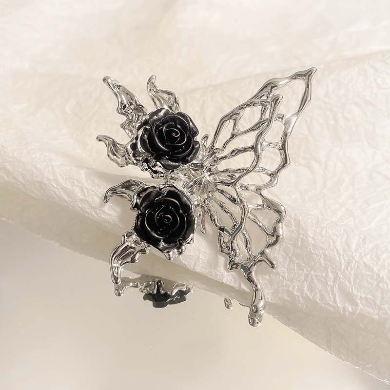 Vintage Punk Metall Svart Rose Flytende Sommerfugl Åpningsring for Kvinner Overdreven Justerbar Dyre-ring Estetiske Smykker