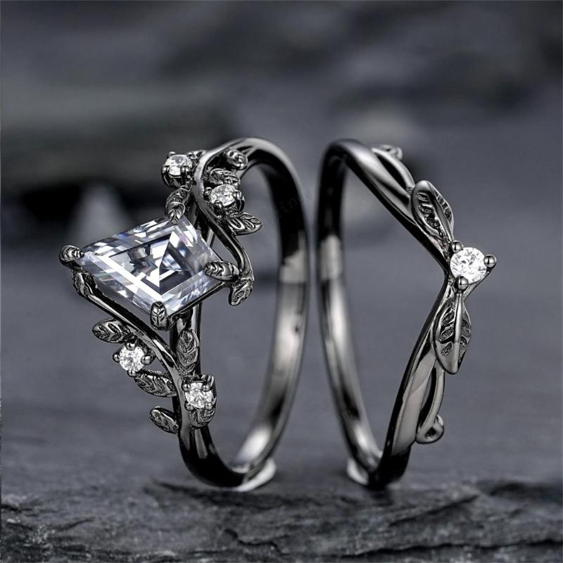 2Pcs/Set Black Multi Faceted Polygon Zircon Ring Comfortable Wear Finger Ring Fashion Jewelry for Everyday Wear
