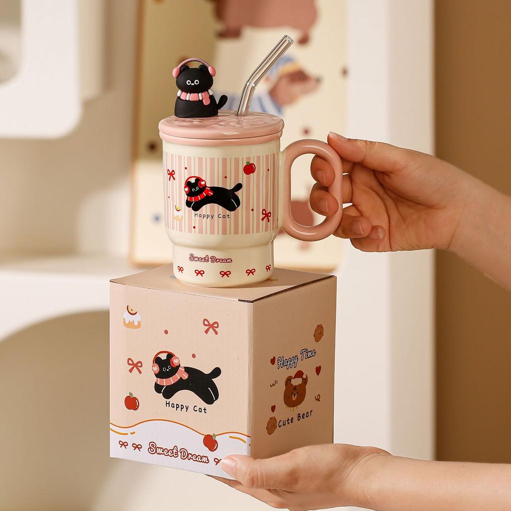Straw large-capacity mug with lid high-value cute animal ceramic cup household water cup couple gift