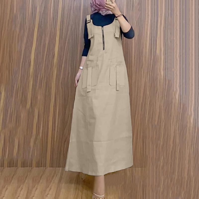 

ZANZEA Женское повседневное платье на бретелях с U-образным вырезом и молнией, свободного кроя, без рукавов XL бежевый