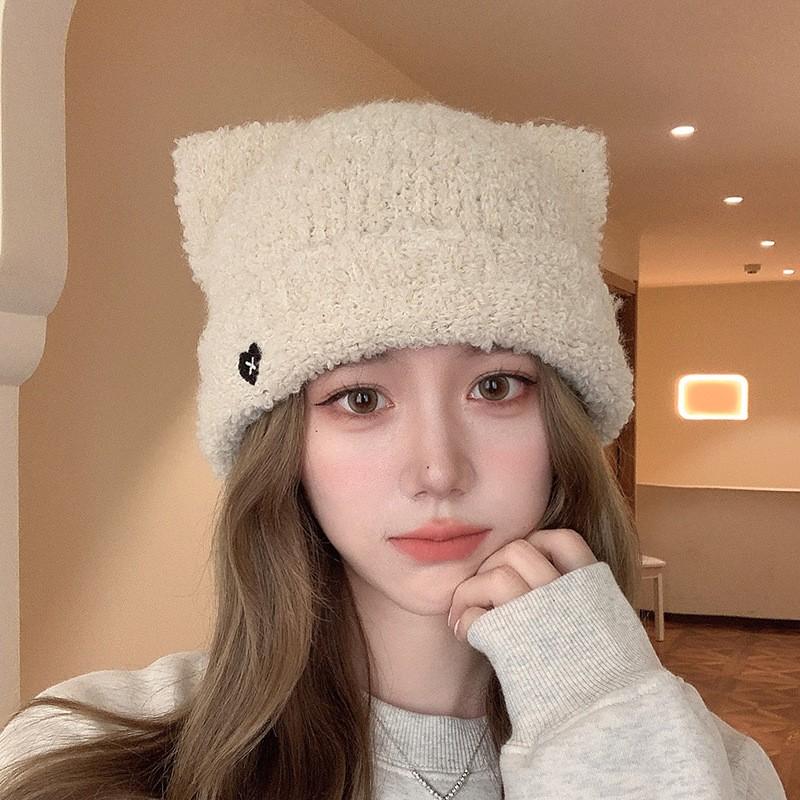 Cat Ears Warm Plush Knitted Beanies for Women Love Heart Embroidery Ear Warmer Cap Solid Color Windproof Pullover Hat Bonnet