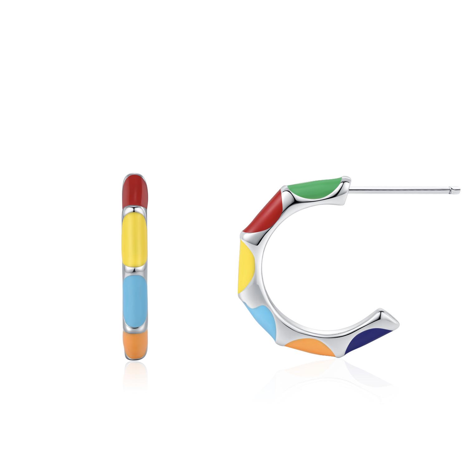 S925 Sterling Silver Rainbow Enamel C-Shaped Earrings for Women - European & American Style 925 Silver