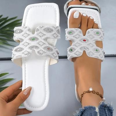 2025 Brand Shoes for Women Open Toe Women's Slippers Outdoor Daily Slippers Women Square Toe Crystal Flat with Plus Size Sandals