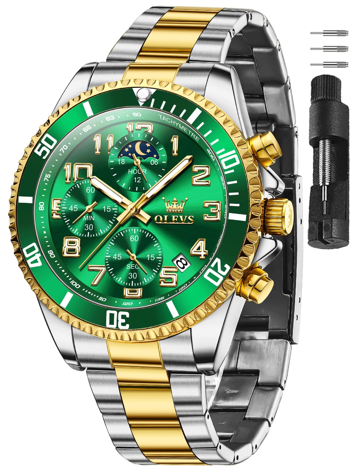

OLEVS Men s Watch, Gold and Silver, Analog, Quartz, Water-Resistant, Men s Watch, Green