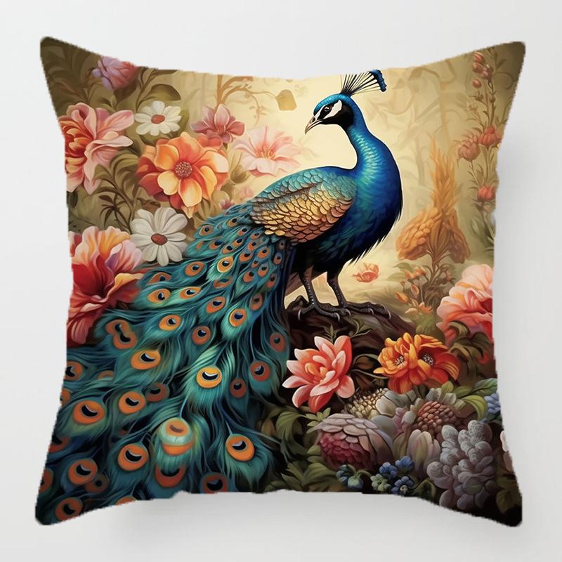 Retro Pfauenblumenmuster Kissenbezug für Wurfkissen mit Kurzplüschdruck Wohnzimmer Sofa Dekoration Kissenbezüge