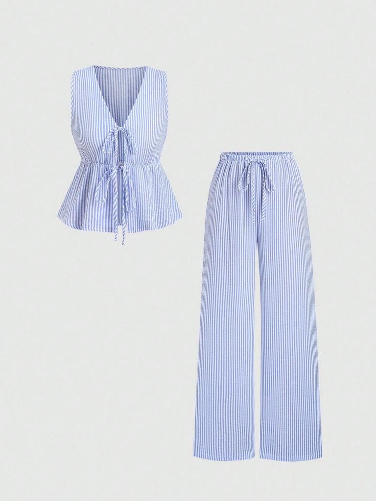 Ensemble décontracté d'été rayé avec gilet à lacets et pantalon ample