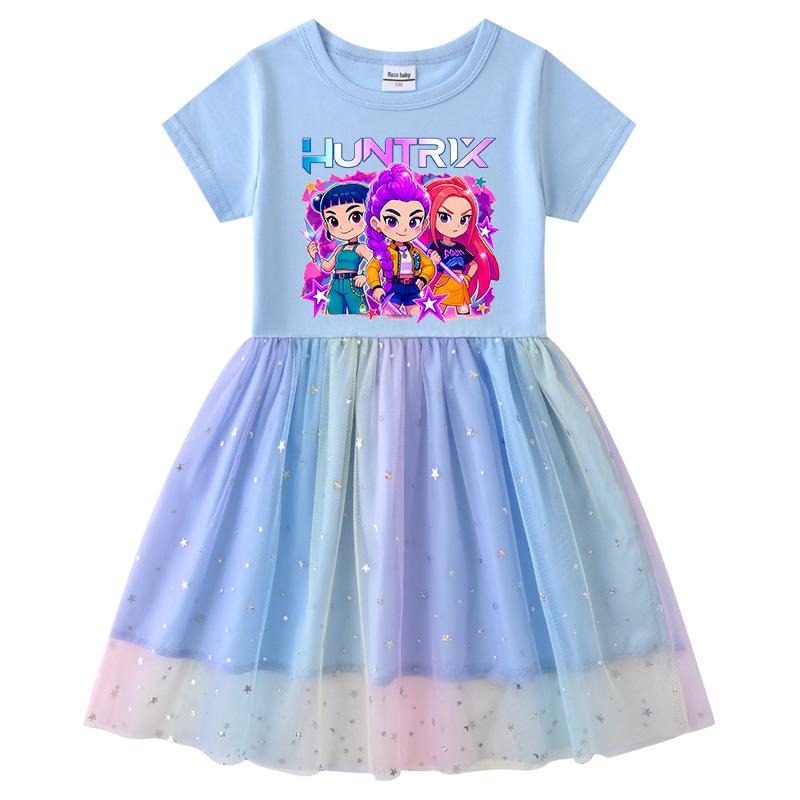 Girls' Kpop Rainbow Sequin Mesh Dress - Long Sleeve, Perfect for Spring & Autumn