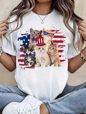 Dames casual vakantie T-shirt katoen Onafhankelijkheidsdag kat Amerikaanse Vlag grafisch T-shirt