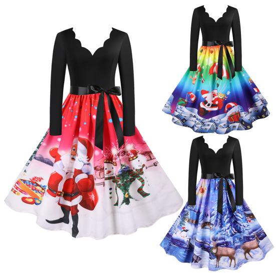 Buy Party Dress V Neck Large Swing Polyester Christmas Printed Pleated