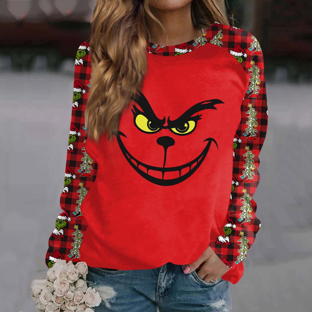 Women's Fashion Casual Long Sleeve Christmas Printed  Neck Sweatshirt Top