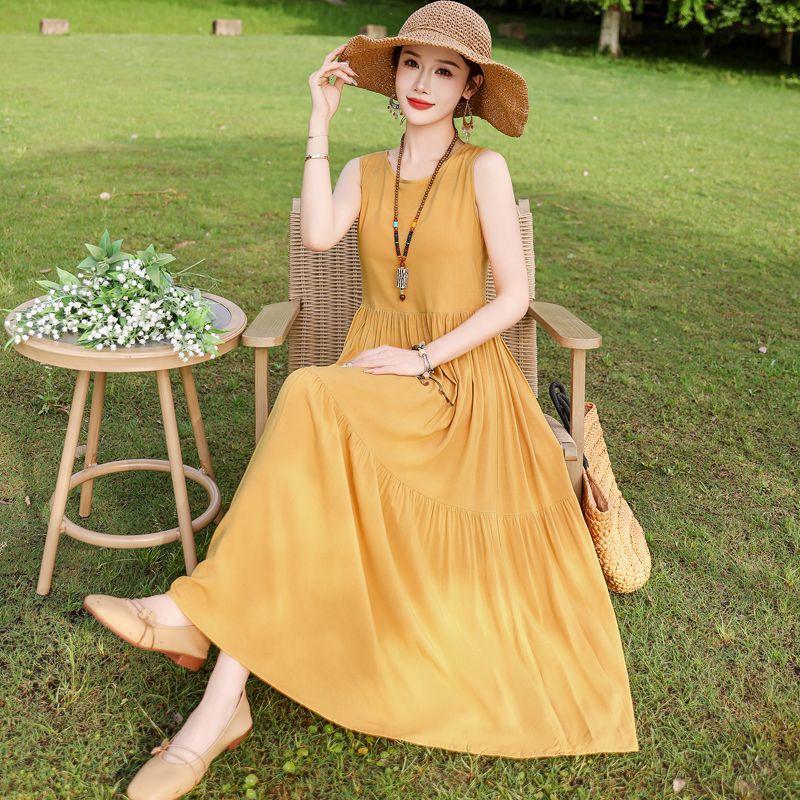 

Летнее струящееся хлопковое платье без рукавов для молодых женщин, длинное пляжное платье, сарафан для отпуска XXXL жёлтый