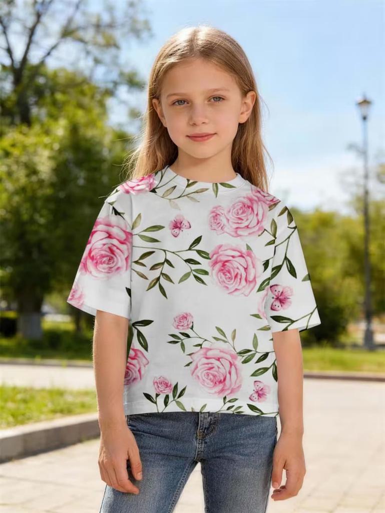 Girl Clothes Fashion Flower 3D Print Kids Short Sleeves T-Shirt Loose Casual Summer Tops Outdoor Comfortable Children's Clothing