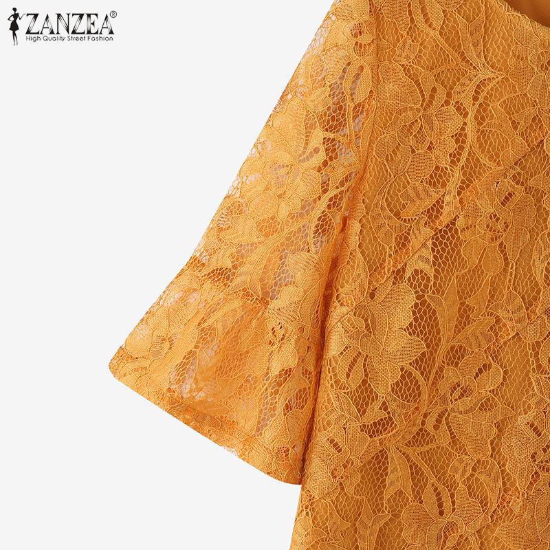 ZANZEA Women Casual Round Neck Half Sleeve Patchwork Lace Blouse