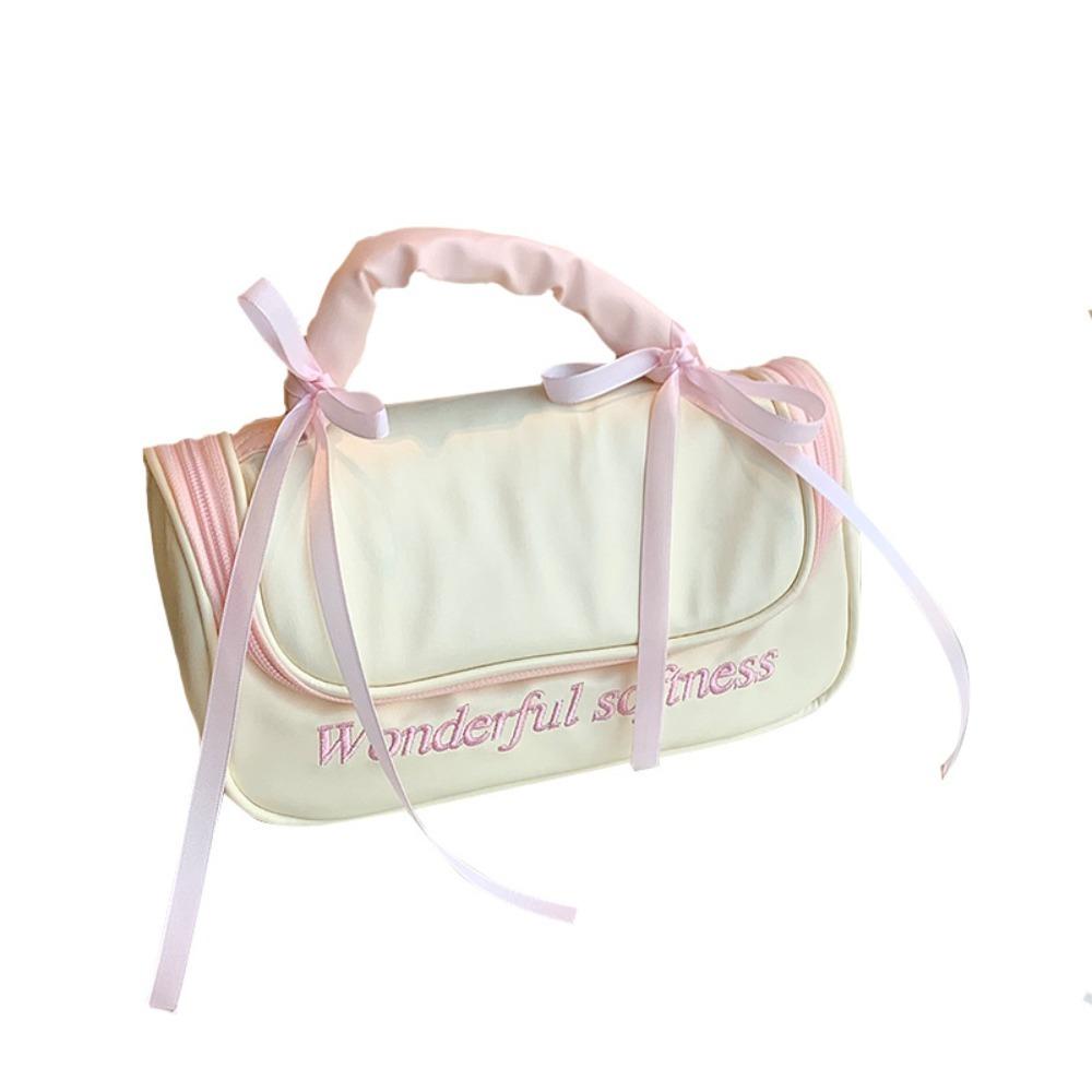 PU Leather Women's Makeup Bag Ballet Style Bowknot Cosmetic Bag Large Capacity Toiletry Ba  Girls