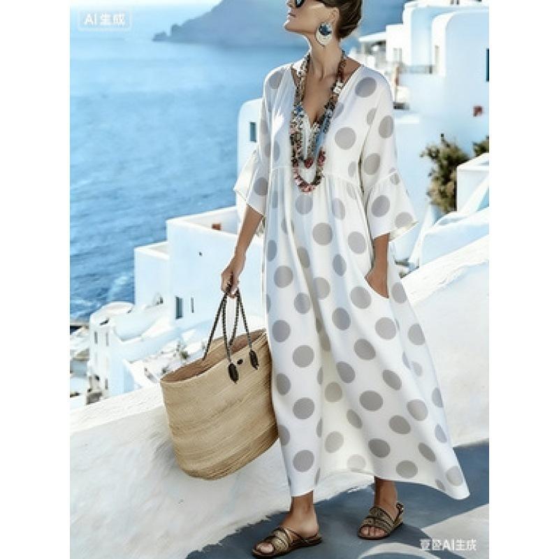 New retro ethnic style geometric rhombus print dress V-neck flared mid-sleeved pocket loose holiday dress