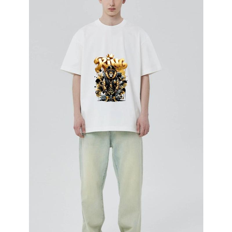 Black T Shirt with King Lion and Gold Crown Print for Casual Wear