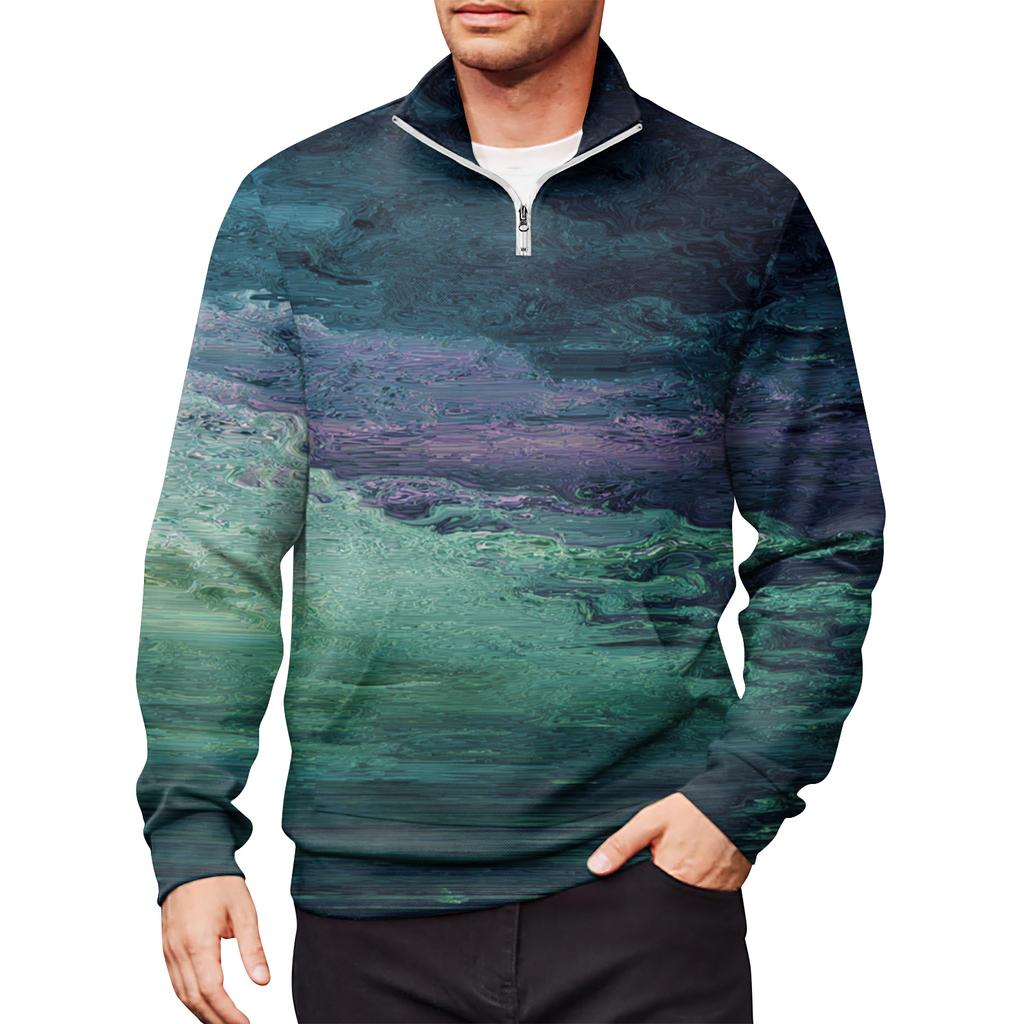 Men's Loose Casual 1/4 Zip Sweatshirt Fashion Printed Long Sleeve Top With Pockets
