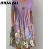 IHUASU 30 Color Pleated Midi Dress Short Sleeve Round Neck Loose Hem Mid-Calf Length Women Floral A-Line Party Dress Casual Wear