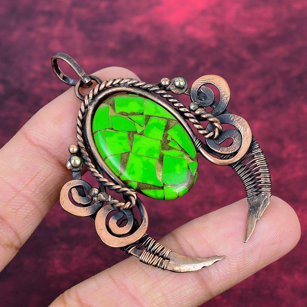 Copper Green Turquoise Pendant Copper Wire Wrapped Pendant Real Gemstone Jewelry