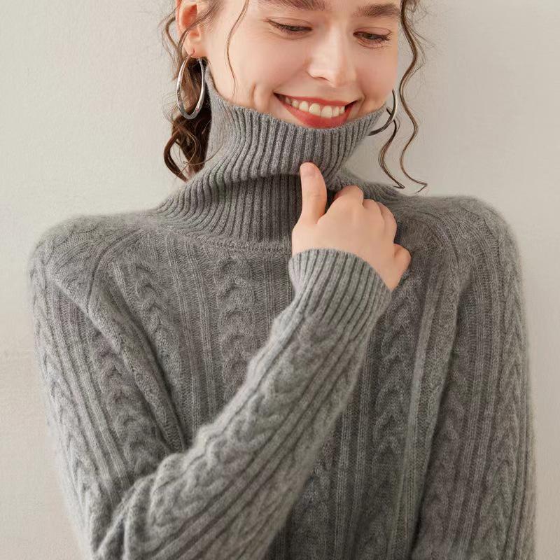 Women's High Neck Wool Cable Knit Sweater - Thick, Solid Color Base Layer, Warm Cashmere Knitwear for Autumn and Winter.