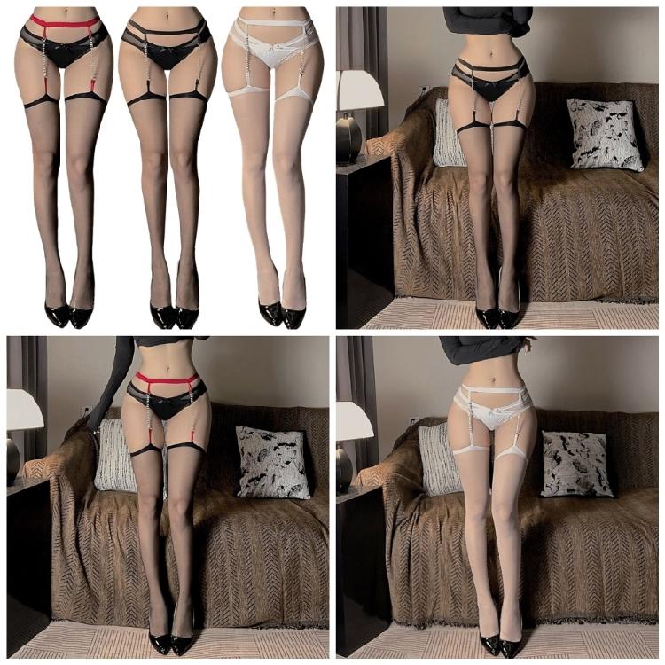 Women Sheer Thigh High Pantyhose Rhinestones Chain Suspender Tights Garter Belt Antiskid Stockings Lingerie Hosiery
