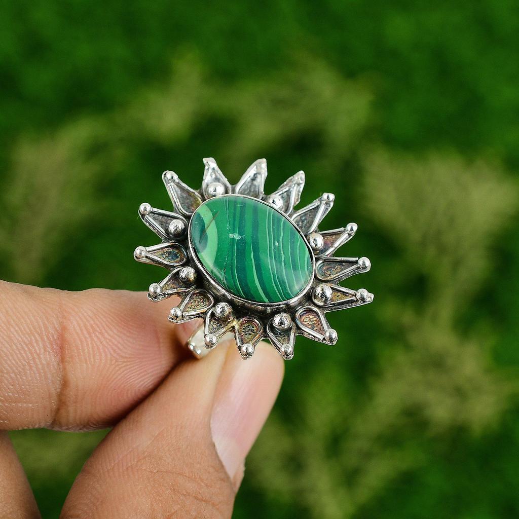 Sterling Silver Russian Malachite Stone Daughter Statement Flower Ring Jewelry