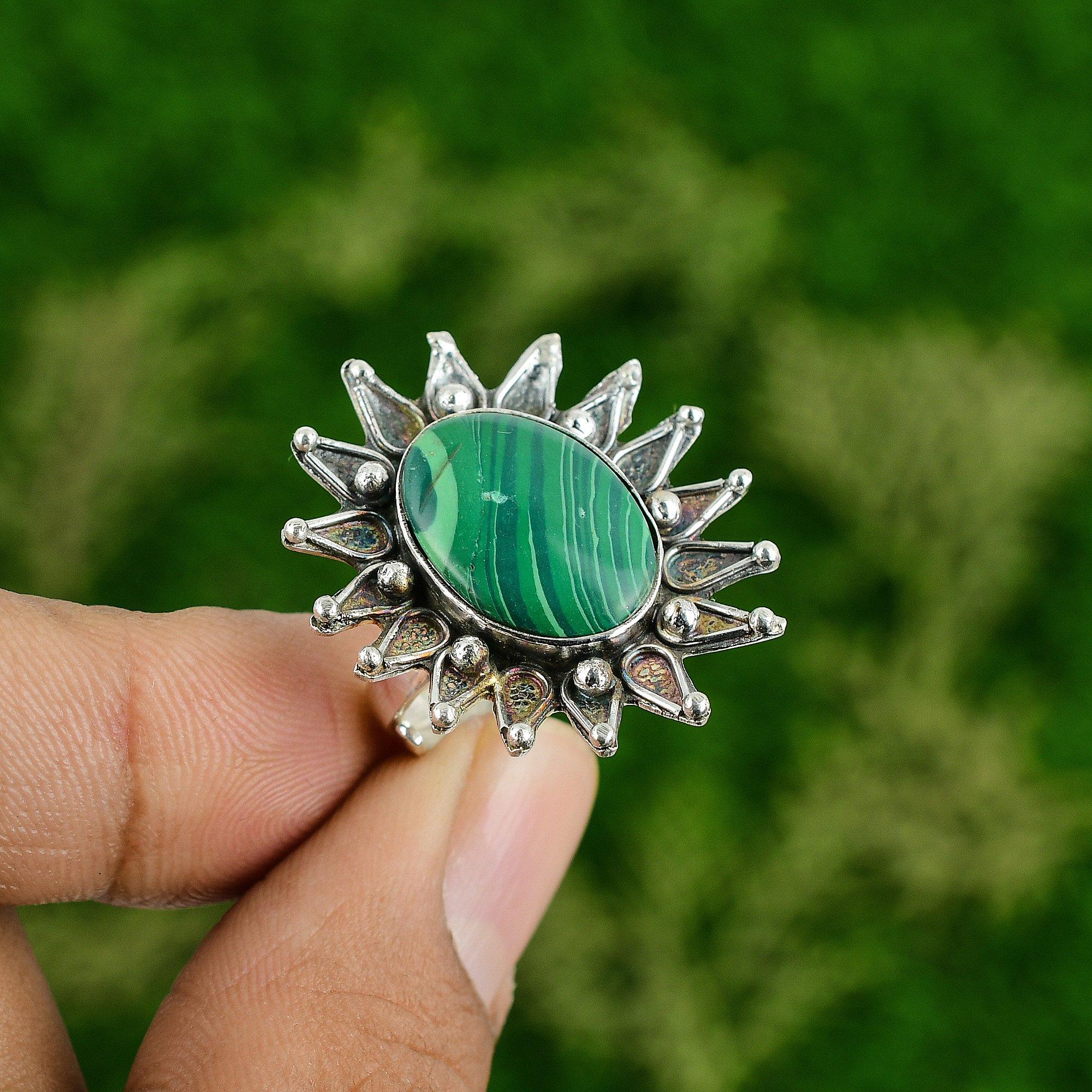 

Стерлинговое серебро Русский малахит Камень Дочь Заявление Кольцо-цветок Ювелирные изделия Adjustable